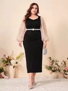 Modelyn Plus Contrast Mesh Lantern Sleeve Dress Without Belt - Black - View 2