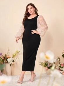 Modelyn Plus Contrast Mesh Lantern Sleeve Dress Without Belt - Black - View 4