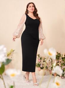 Modelyn Plus Contrast Mesh Lantern Sleeve Dress Without Belt - Black - View 6