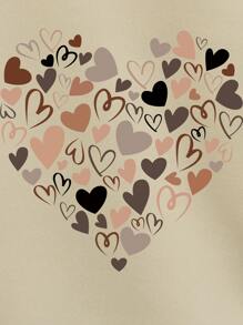 SHEIN LUNE Heart Print Kangaroo Pocket Drop Shoulder Drawstring Thermal Hoodie - Khaki - View 3