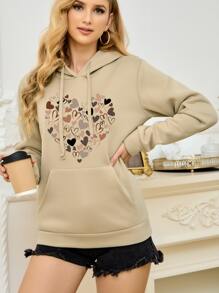 SHEIN LUNE Heart Print Kangaroo Pocket Drop Shoulder Drawstring Thermal Hoodie - Khaki - View 4