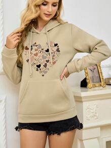 SHEIN LUNE Heart Print Kangaroo Pocket Drop Shoulder Drawstring Thermal Hoodie - Khaki - View 5