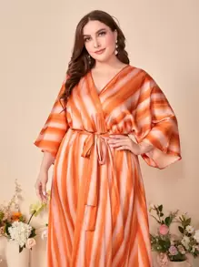 Modelyn Vestido con cinturón con estampado de rayas de manga murciélago - Multicolor - Ver 4