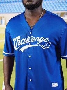 Manfinity Men Plus Letter Graphic Contrast Trim Shirt - Blue - View 3