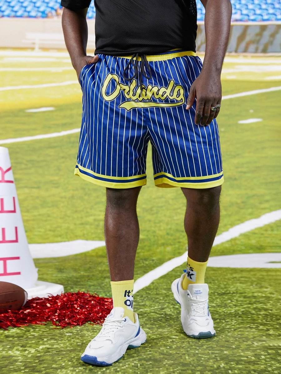 Manfinity Men Plus Letter Graphic Striped Shorts - Blue - View 1