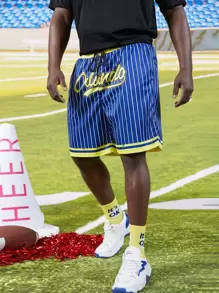 Manfinity Men Plus Letter Graphic Striped Shorts - Blue - View 4