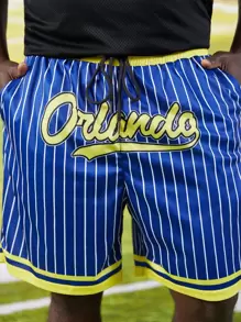 Manfinity Men Plus Letter Graphic Striped Shorts - Blue - View 5