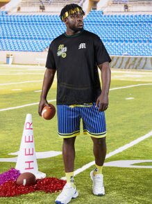 Manfinity Men Plus Letter Graphic Striped Shorts - Blue - View 6