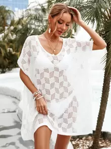 Hollow Out Knitted Cover Up - White - View 1
