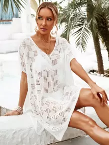 Hollow Out Knitted Cover Up - White - View 3