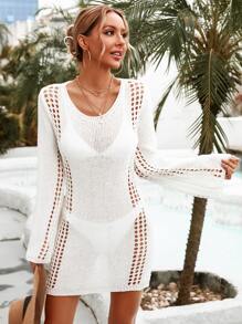 Hollow Out Knitted Cover Up Dress Without Bikini Set - White - View 3