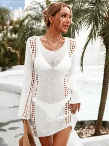 Hollow Out Knitted Cover Up Dress Without Bikini Set - White - View 4