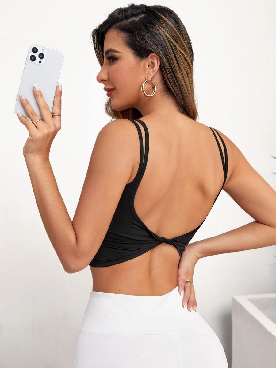 SHEIN Sports Twist Backless Sports Tank Top Gym Top Fitted Shirt - Black - View 1