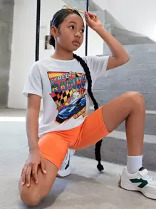 SHEIN Tween Girl Car Letter Print Casual Round Neck Regular Fit Top And Shorts 2pcs/set For Summer - Multicolor - View 1