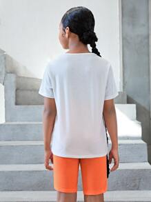 SHEIN Tween Girl Car Letter Print Casual Round Neck Regular Fit Top And Shorts 2pcs/set For Summer - Multicolor - View 2