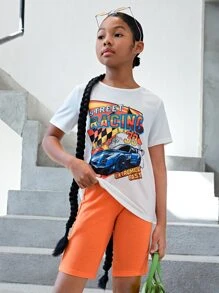 SHEIN Tween Girl Car Letter Print Casual Round Neck Regular Fit Top And Shorts 2pcs/set For Summer - Multicolor - View 5