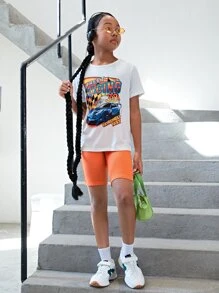 SHEIN Tween Girl Car Letter Print Casual Round Neck Regular Fit Top And Shorts 2pcs/set For Summer - Multicolor - View 6