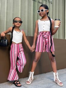 SHEIN 小女童1入組肩部蝴蝶結吊帶上衣和1入組條紋圖案喇叭褲 - 彩色 - 查看 6