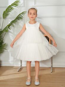 Toddler Girls Mesh Layered Hem Party Dress - White - View 1