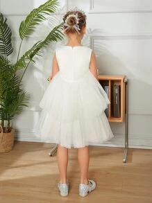 Toddler Girls Mesh Layered Hem Party Dress - White - View 2