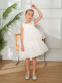 Toddler Girls Mesh Layered Hem Party Dress - White - View 3