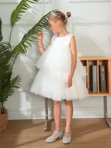 Toddler Girls Mesh Layered Hem Party Dress - White - View 4