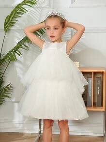 Toddler Girls Mesh Layered Hem Party Dress - White - View 5