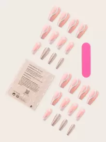 Get Glamorous With 24Pcs Long Coffin White Line Glitter Heart Print Fake Nail & 1Pc Nail File & 1Sheet Tape Press On Nails Nail Supplies Nails - Multicolor - View 2