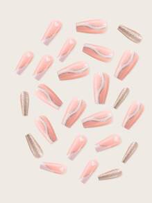 Get Glamorous With 24Pcs Long Coffin White Line Glitter Heart Print Fake Nail & 1Pc Nail File & 1Sheet Tape Press On Nails Nail Supplies Nails - Multicolor - View 3