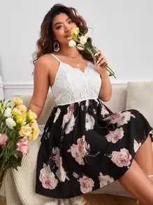 SHEIN Frenchy Plus Floral Print Contrast Lace Cami Dress - Multicolor - View 1