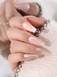 Get Glamorous With 24Pcs Long Coffin White Line Glitter Heart Print Fake Nail & 1Pc Nail File & 1Sheet Tape Press On Nails Nail Supplies Nails - Multicolor - View 6