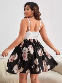 SHEIN Frenchy Plus Floral Print Contrast Lace Cami Dress - Multicolor - View 2