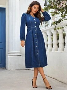 Puff Sleeve Button Front Denim Dress - Dark Wash - View 3