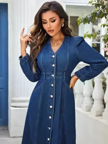 Puff Sleeve Button Front Denim Dress - Dark Wash - View 7