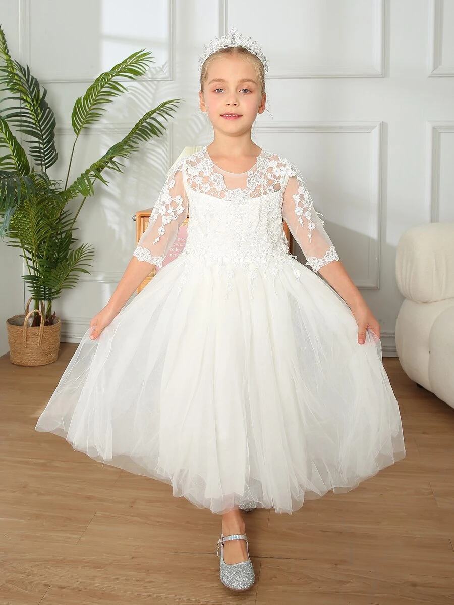 Toddler Girls Contrast Lace Mesh Overlay Party Dress - White - View 1