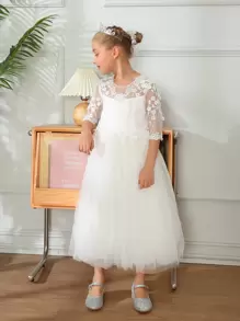 Toddler Girls Contrast Lace Mesh Overlay Party Dress - White - View 3