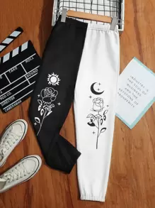 女孩印花雙色衛褲 - 黑與白 - 查看 1