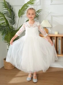 Toddler Girls Contrast Lace Mesh Overlay Party Dress - White - View 5