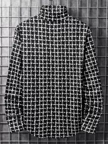 Manfinity Hombres Camiseta con estampado de cuadros de cuello alto - Blanco y Negro - Ver 2