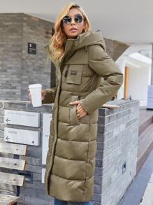 贴袋系带连帽夹棉大衣 - 卡其色 - 查看 4