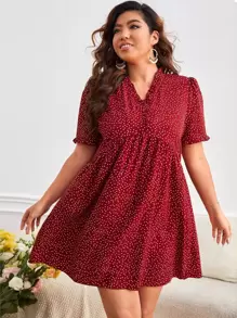 SHEIN Frenchy 大碼波點圖案褶邊娃娃裙 - 紅白色 - 查看 3