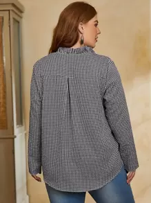 SHEIN LUNE 大碼格子圖案缺口領襯衫 - 黑與白 - 查看 2