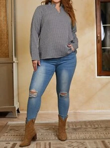 SHEIN LUNE 大碼格子圖案缺口領襯衫 - 黑與白 - 查看 4