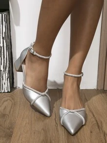Metallic Rhinestone & Twist Decor Point Toe Chunky Heeled Ankle Strap Pumps - Silver - View 4