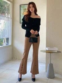 DAZY Button Detail Flare Leg Trousers - Camel - View 7