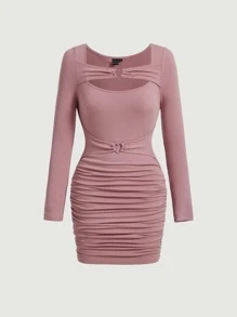SHEIN MOD Vestido ajustado vinculado con aro con abertura delantera fruncido - Rosa vieja - Ver 2