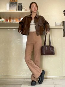 DAZY Button Detail Flare Leg Trousers - Camel - View 8