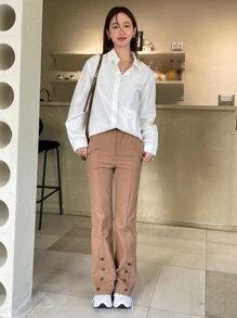 DAZY Button Detail Flare Leg Trousers - Camel - View 9