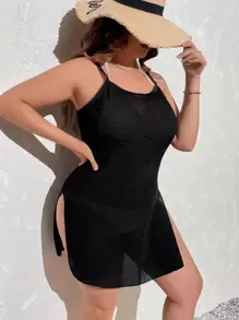 Plus Split Thigh Cover Up - Black - View 2