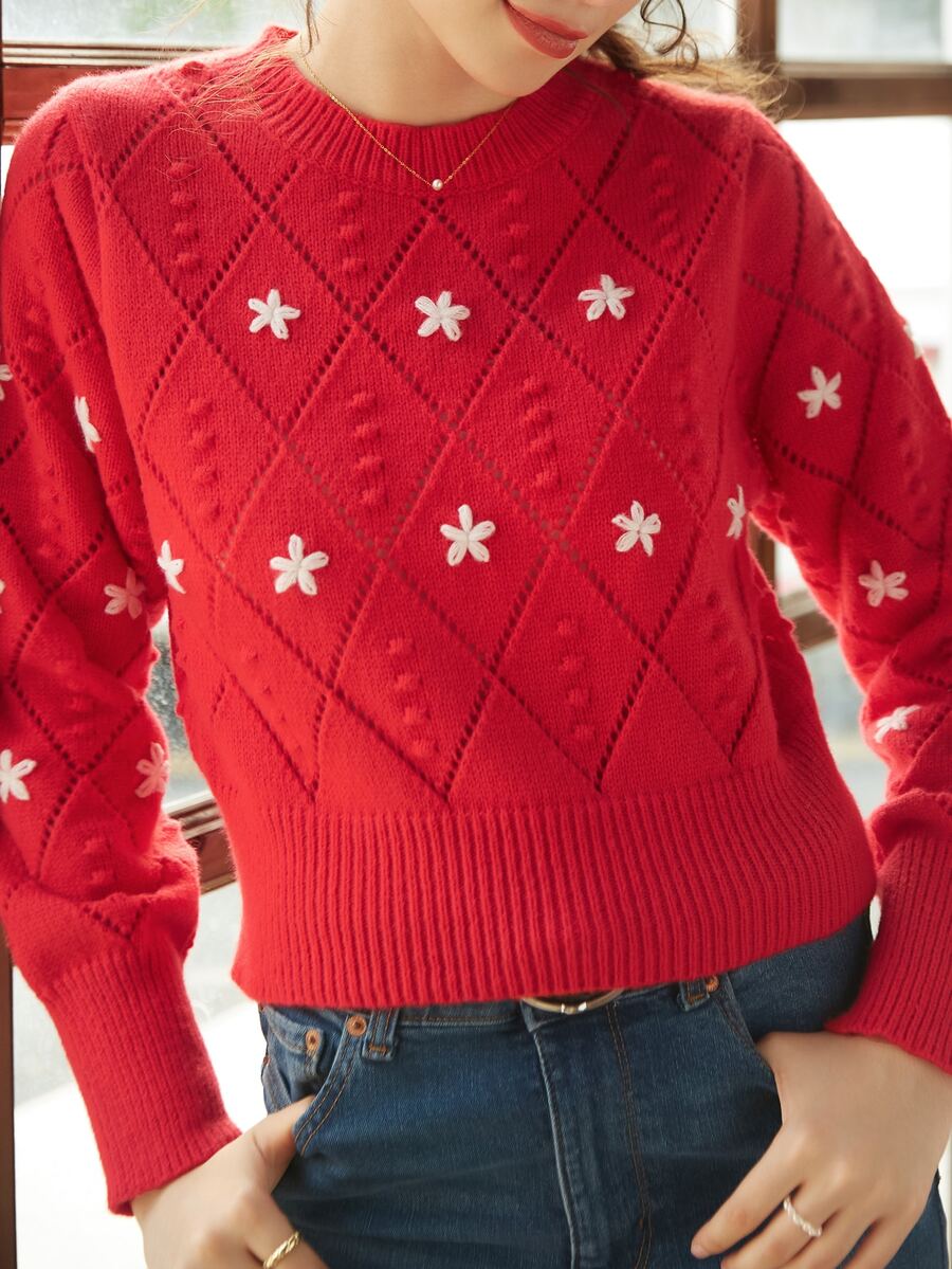 Knit Mix 花卉刺繡套頭毛衣 - 紅色 - 查看 1